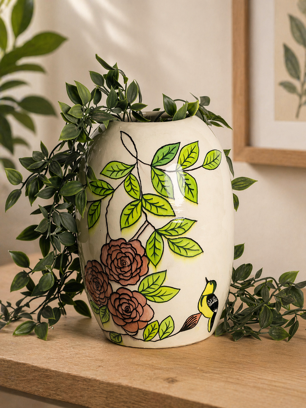 Hand-Painted Bird & Floral Ceramic Vase