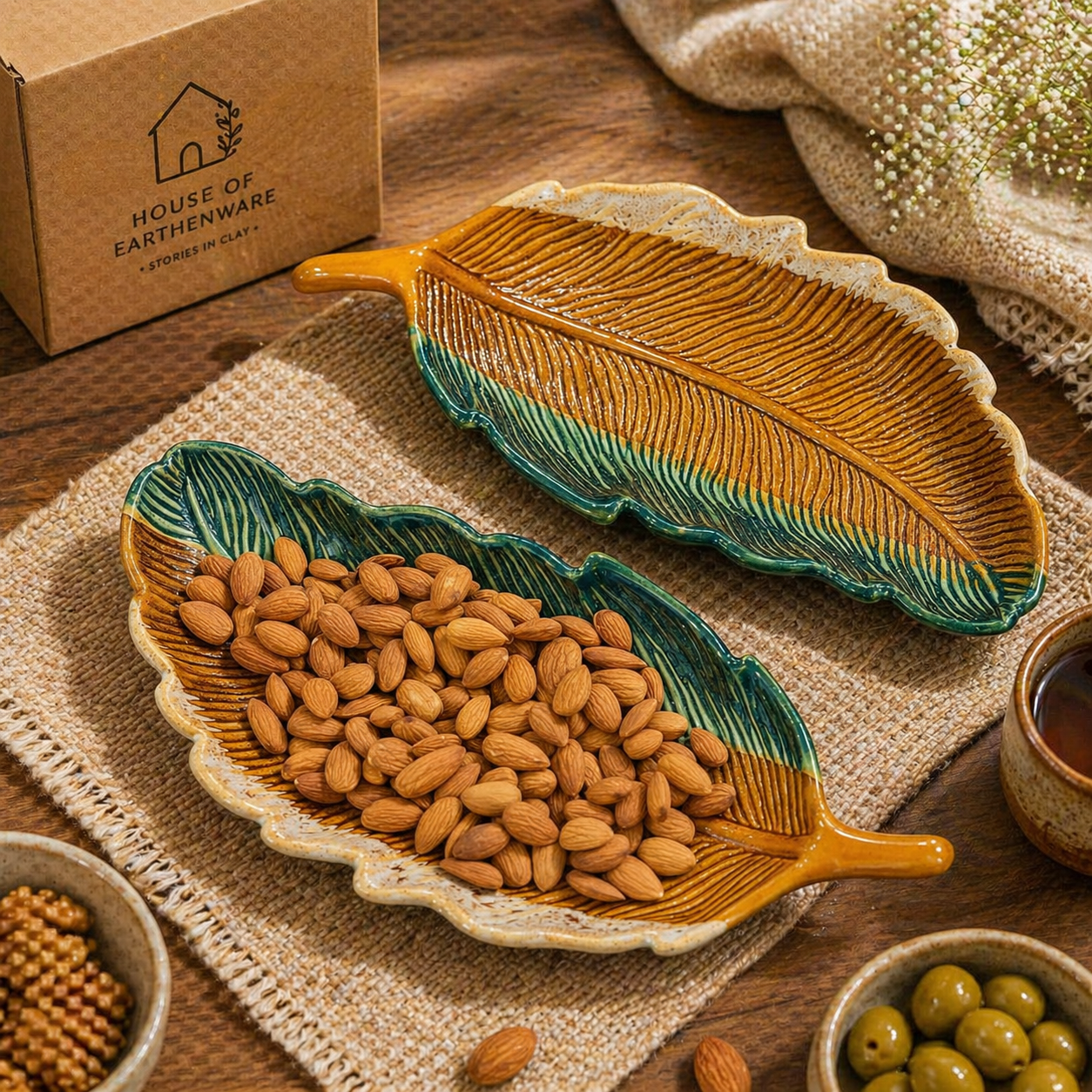 Rustic Leaf Ceramic Snack & Serving Platter Set