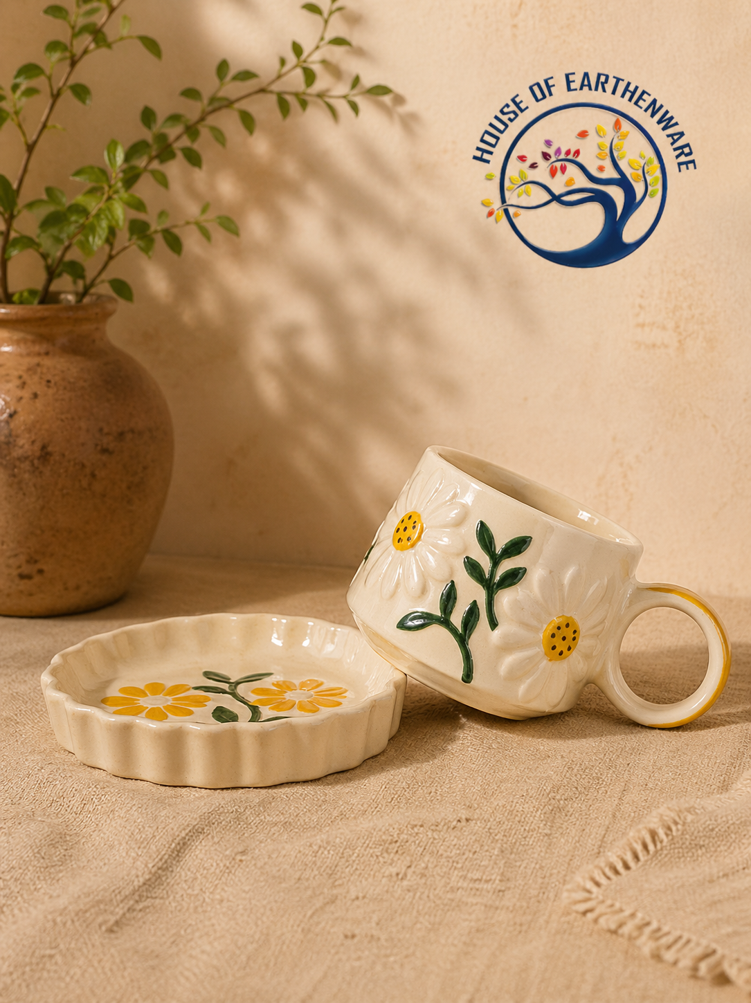 Sunny Bloom Handcrafted Ceramic Mug & Coaster Set