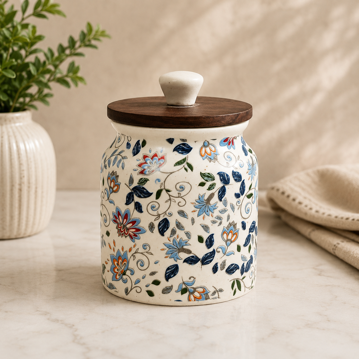 Floral Ceramic Storage Jar with Wooden Lid | 420 ml