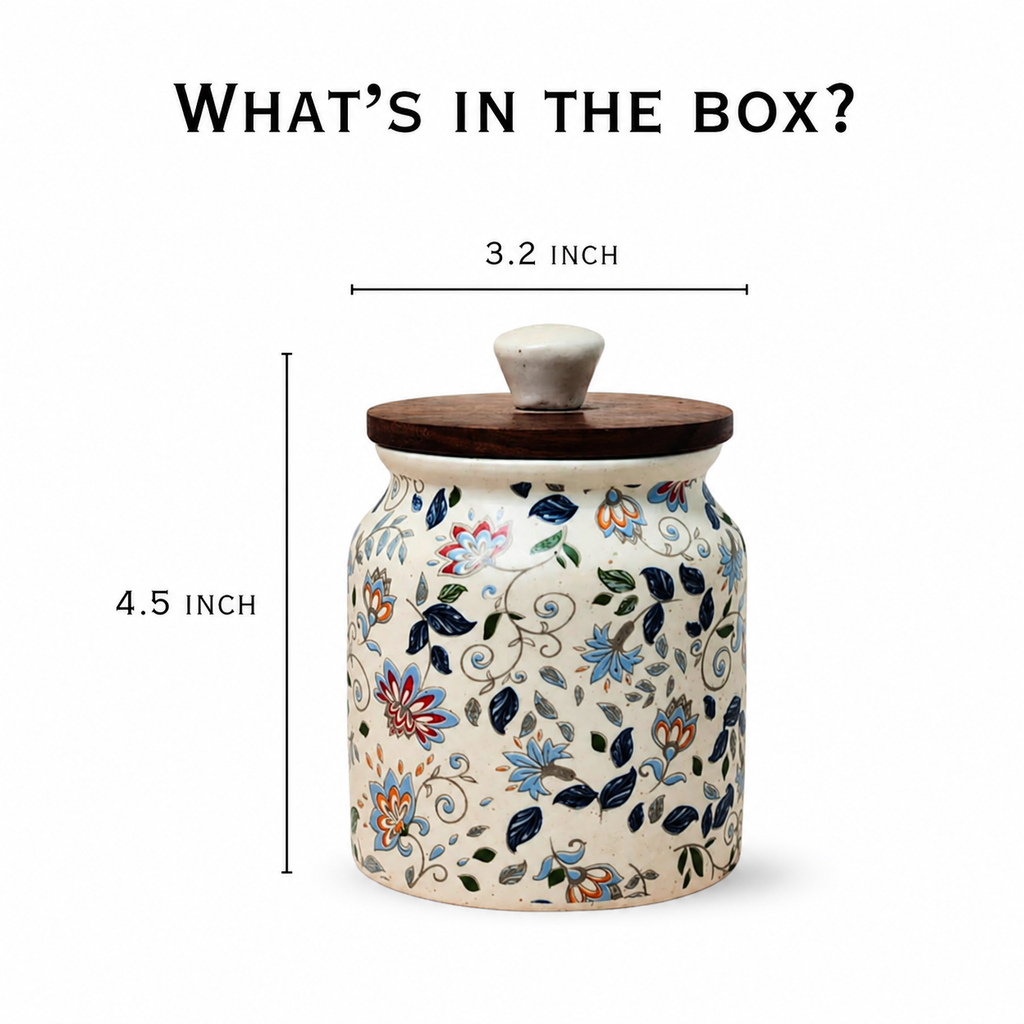 Floral Ceramic Storage Jar with Wooden Lid | 420 ml