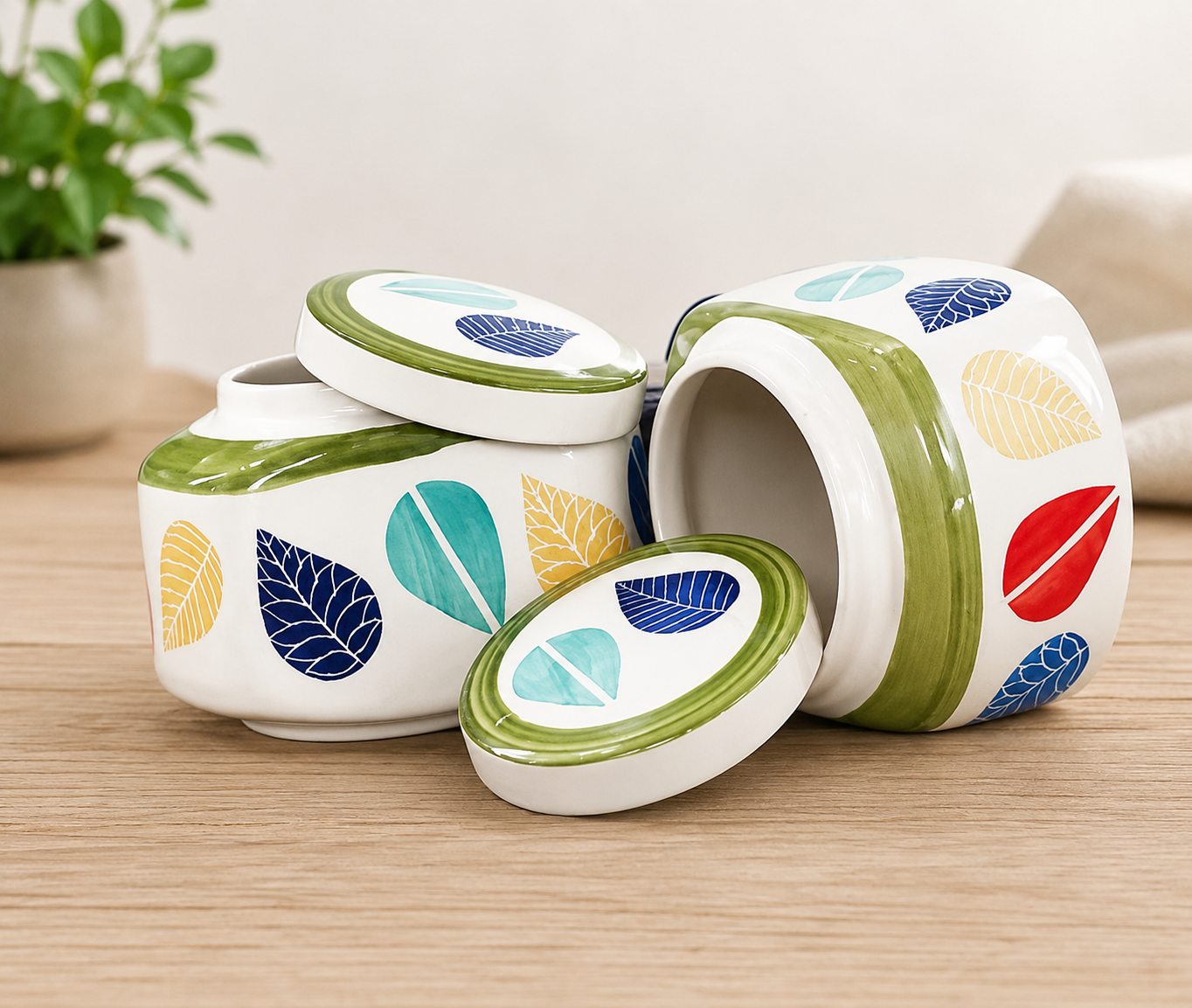 Handmade Ceramic Storage Jar with Lid – Colorful Leaf Design