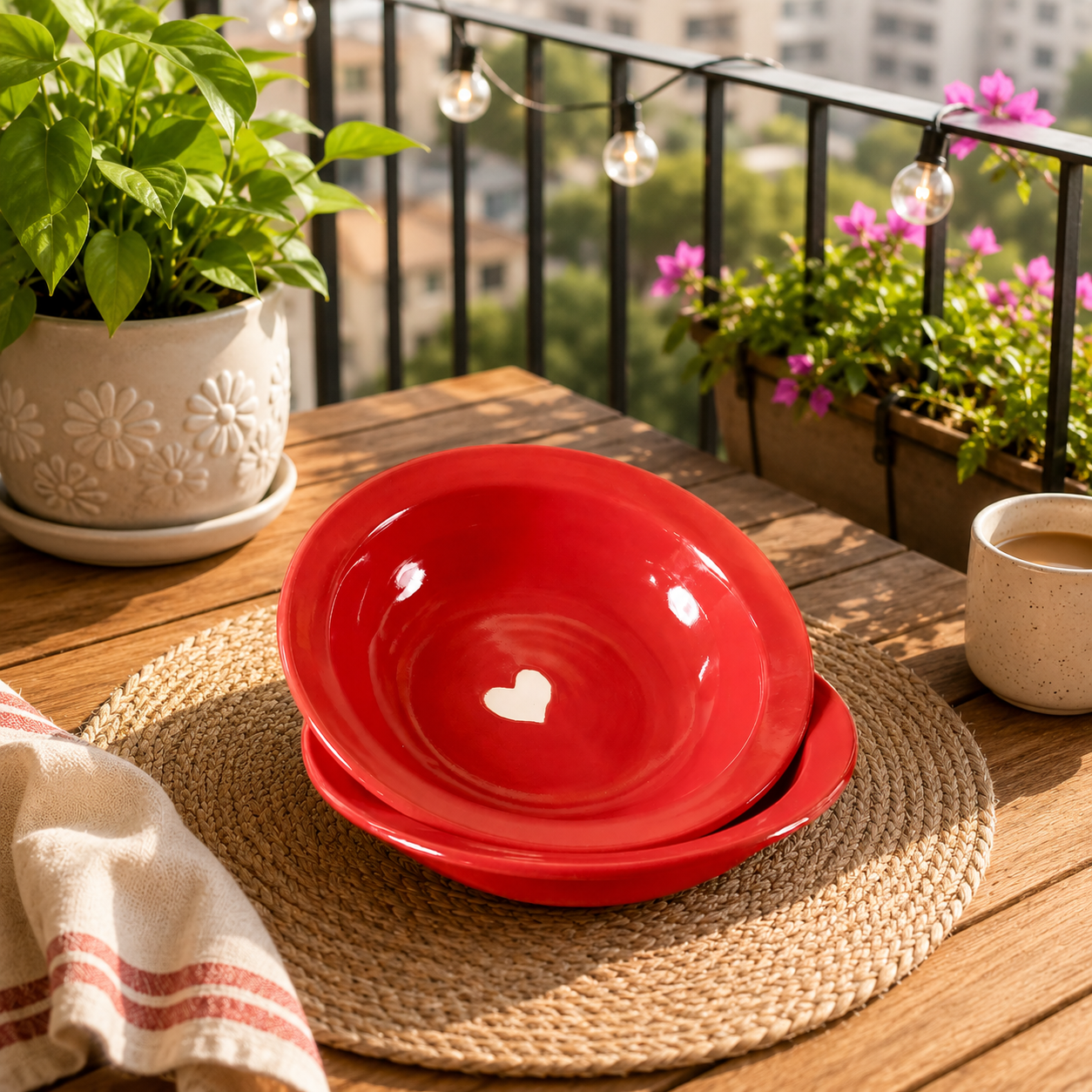 Red Heart Handmade Ceramic Pasta Bowl