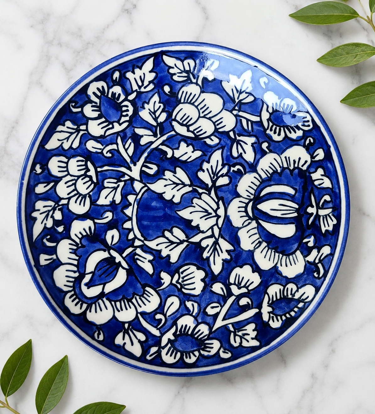 Handcrafted Blue Floral Ceramic Plate