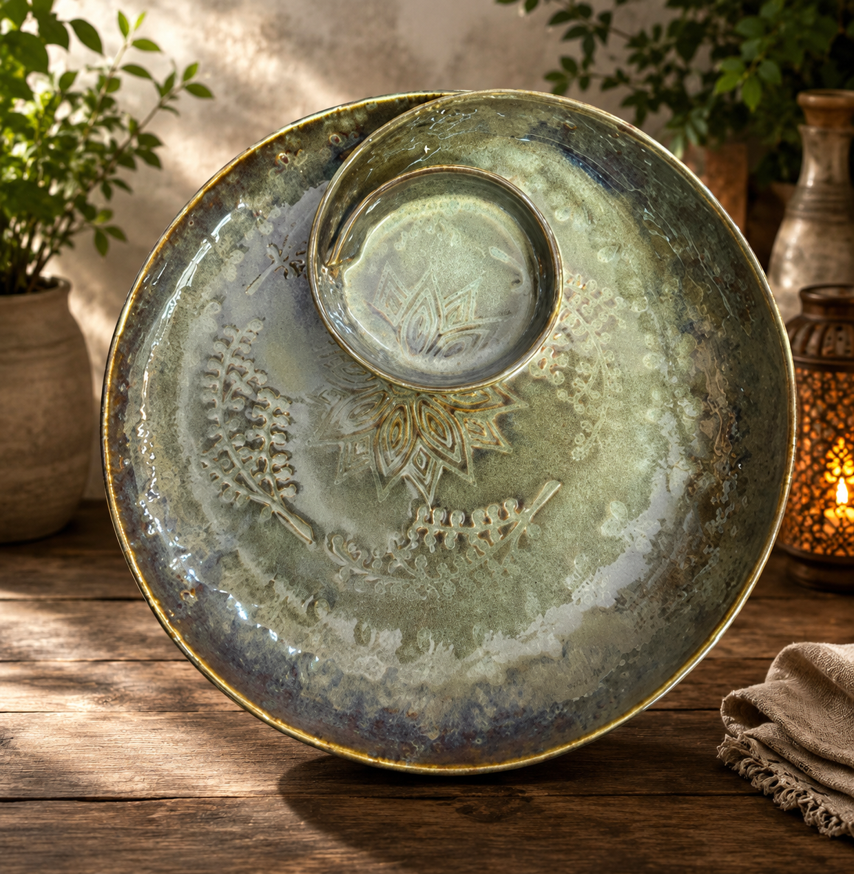 Rustic Luxe Ceramic Platter with Dip Bowl