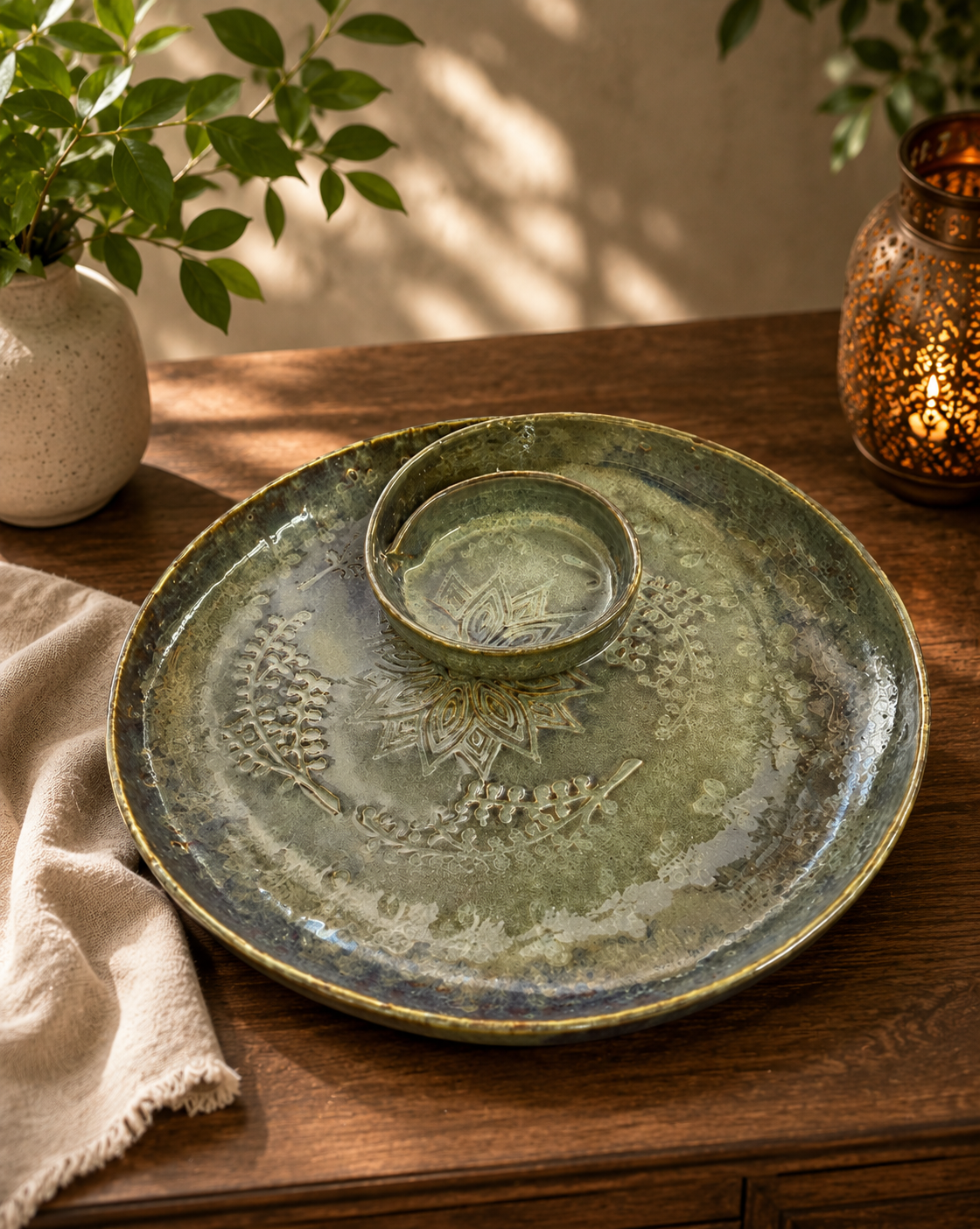 Rustic Luxe Ceramic Platter with Dip Bowl