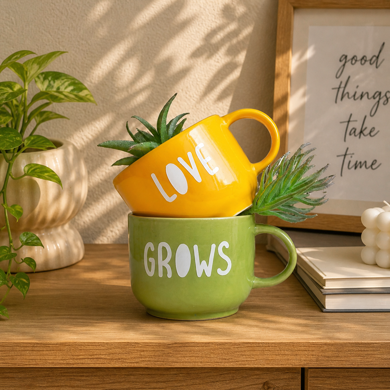 Set of 2 Ceramic Mug Planters – “Love Grows”