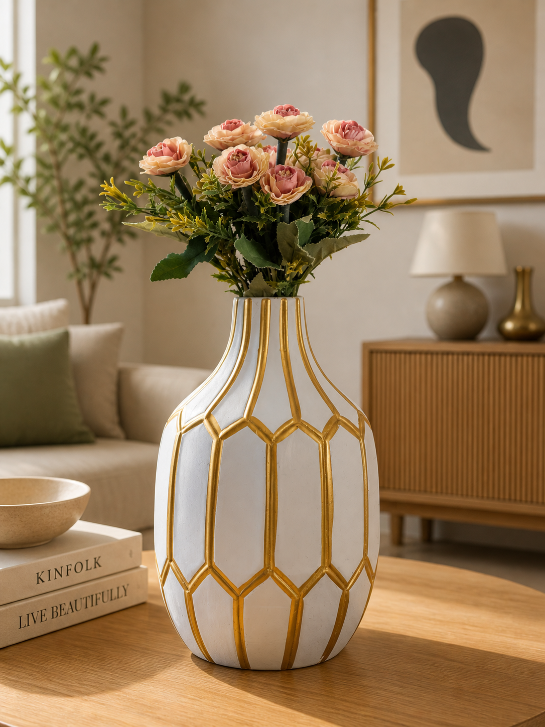Elegant Geometric Ceramic Vase with Gold Accents