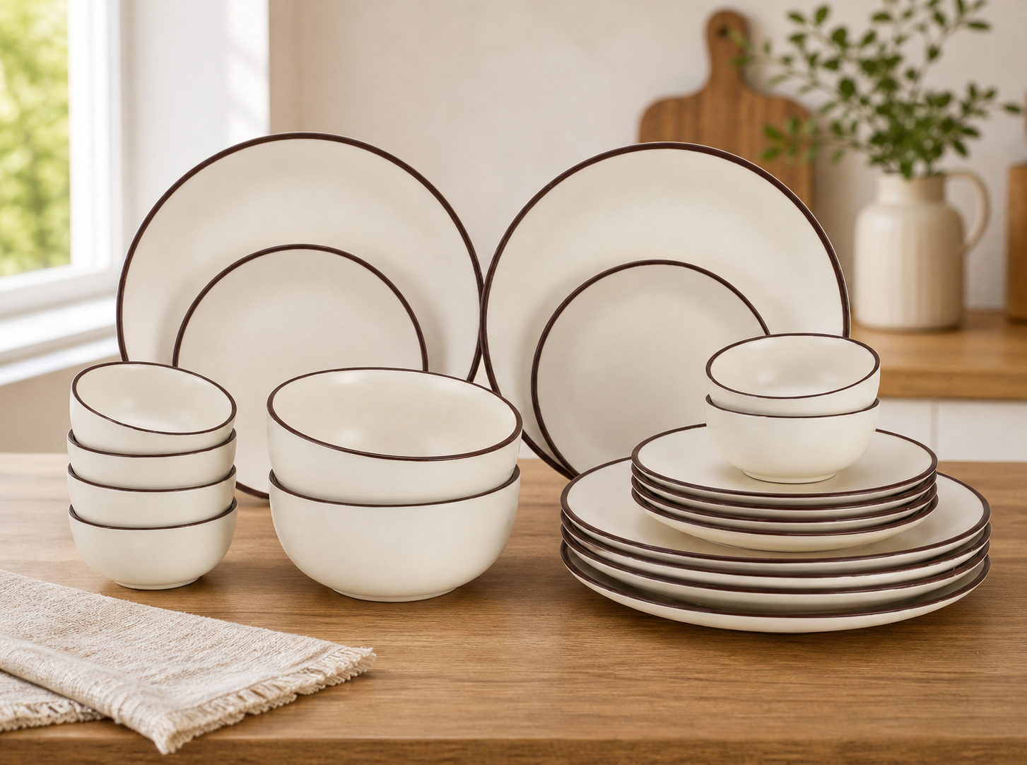 Minimalist Ceramic Dinnerware Set – Classic Cream with Brown Rim