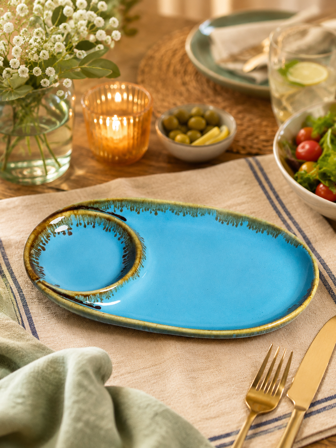 Handmade Ceramic Serving Platter with Dip Bowl