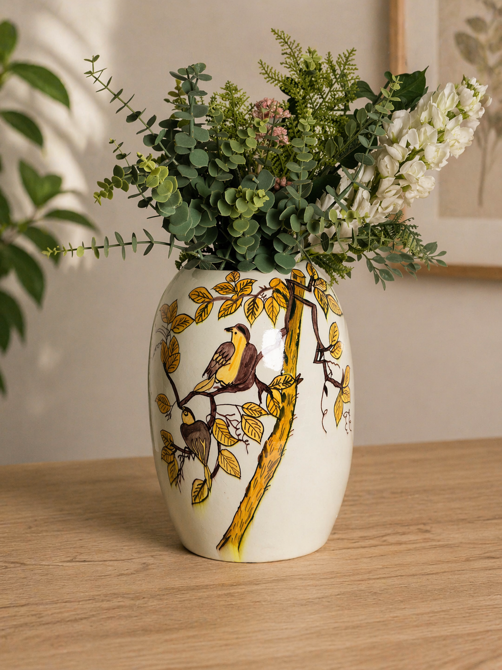 Hand-Painted Bird & Floral Ceramic Vase
