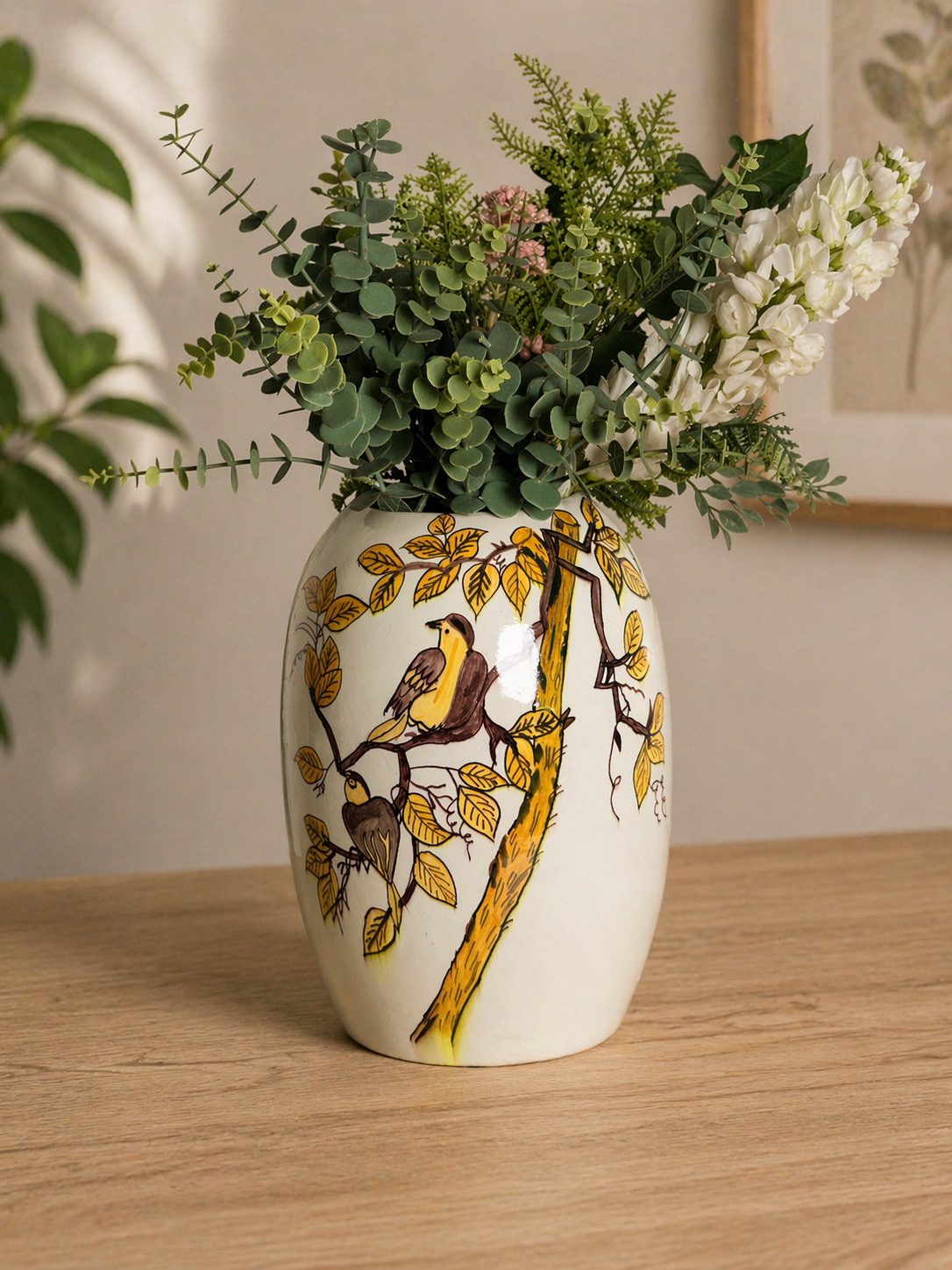 Hand-Painted Bird & Floral Ceramic Vase