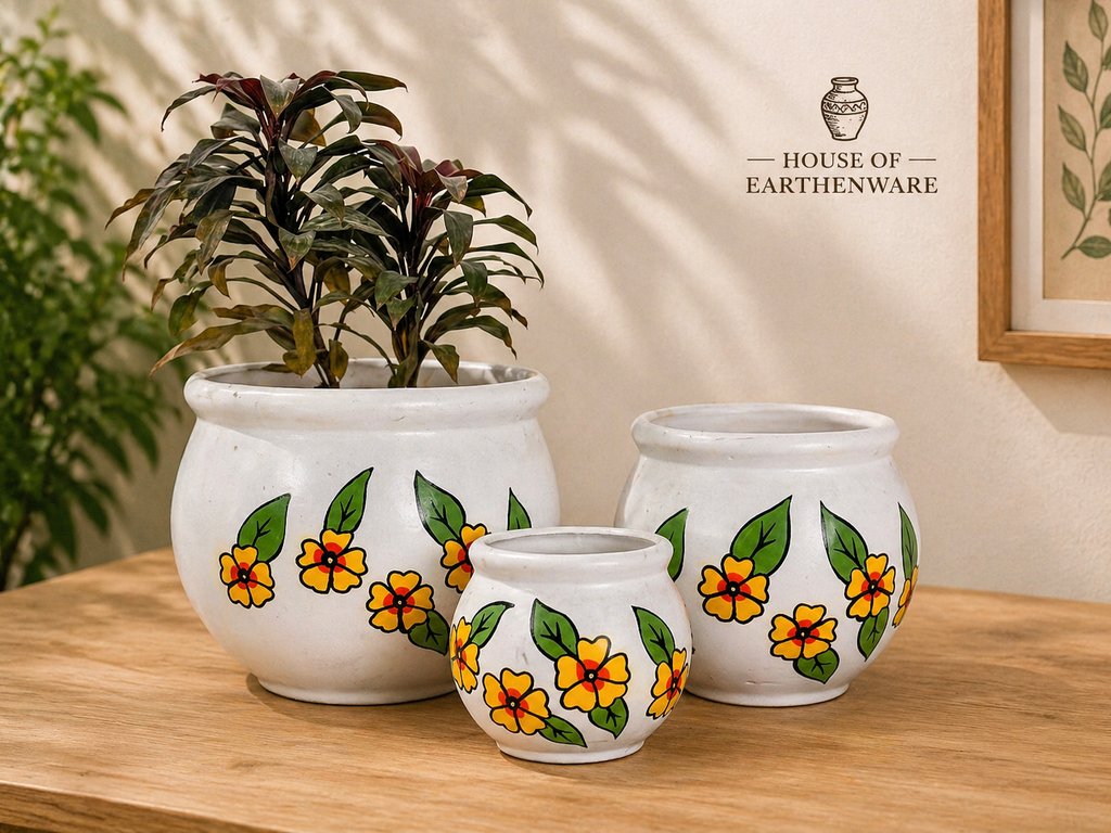 Hand-Painted Floral Ceramic Planter Set (Set of 3)