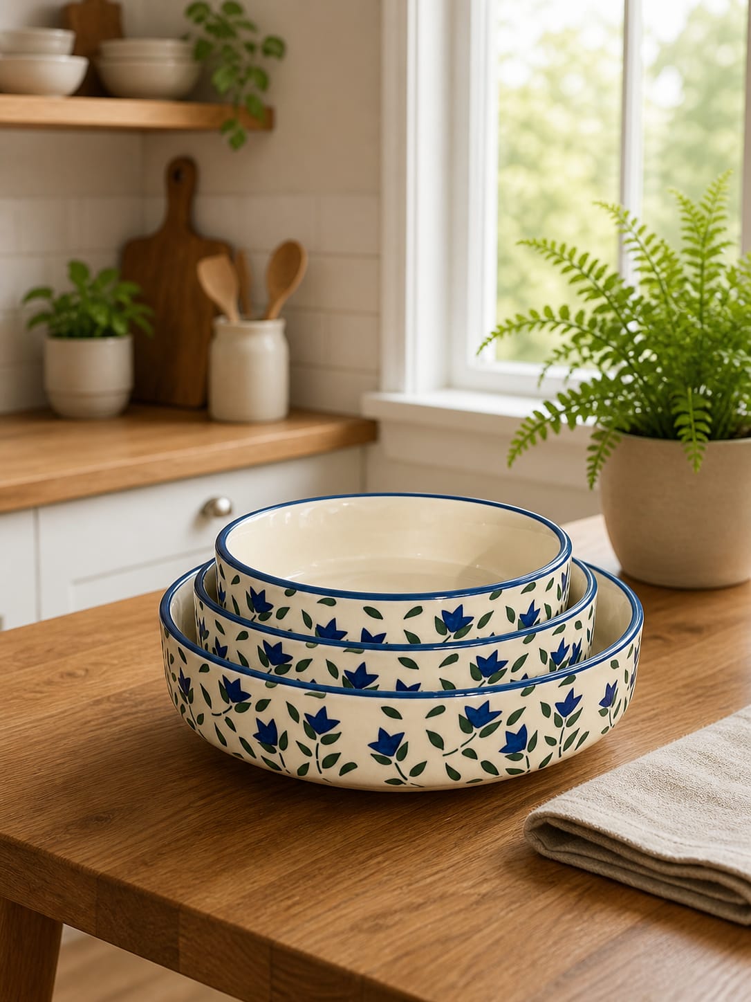 Blue Floral Ceramic Bowl Set (Set of 3)