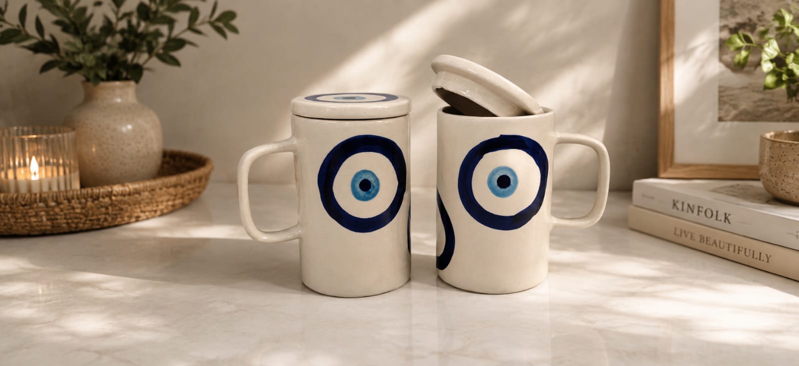 Evil Eye Ceramic Mug with Lid | Handmade Coffee &amp; Tea Mug