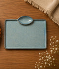 Handmade Blue Ceramic Rectangular Serving Platter with Dip Bowl | Snack & Appetizer Tray
