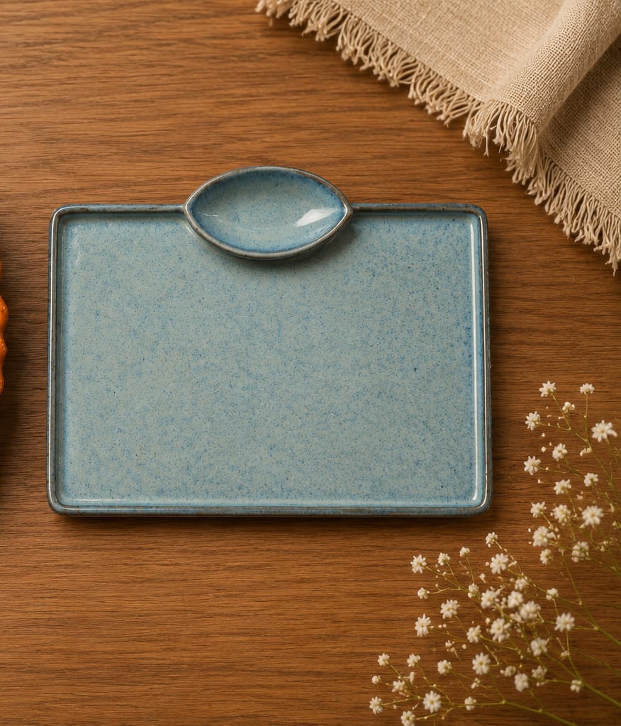 Handmade Blue Ceramic Rectangular Serving Platter with Dip Bowl | Snack & Appetizer Tray