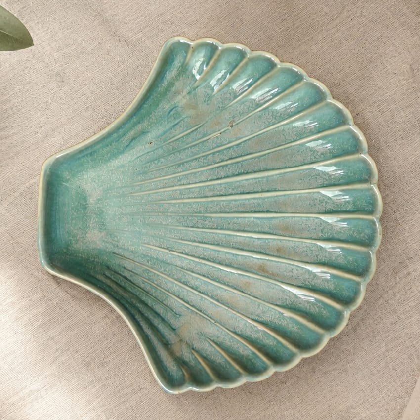 Sea Shell Ceramic Serving Platter – Aqua Green Decorative Snack & Dessert Plate