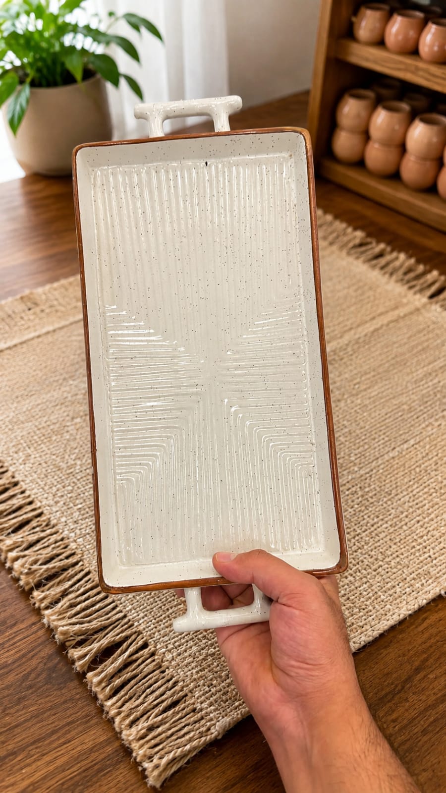 Ceramic Rectangular Serving Tray with Handles – Textured Design
