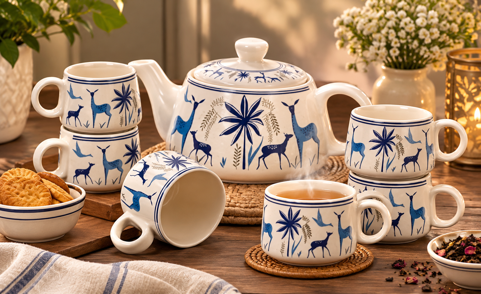 Ceramic Deer Print Tea Set with 6 Cups | Elegant Tea Time Collection