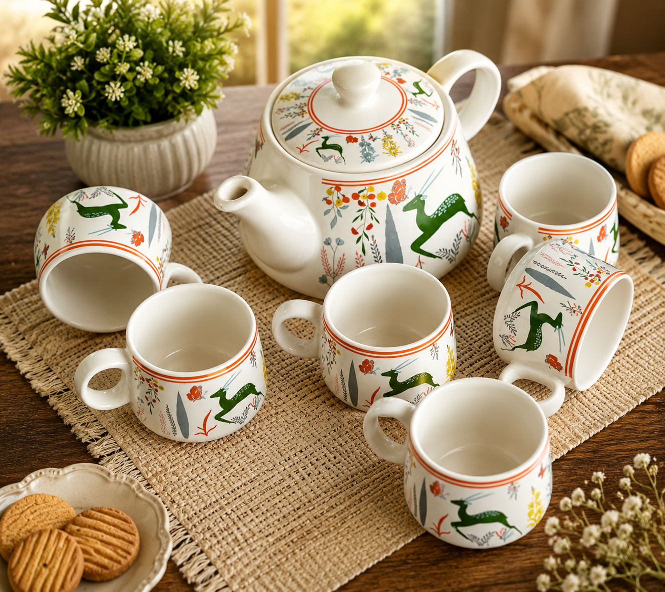 Ceramic Deer Print Tea Set with 6 Cups | Elegant Tea Time Collection